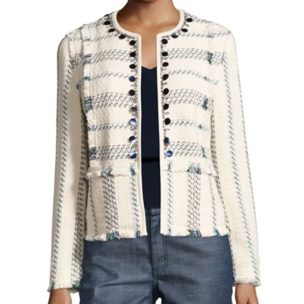 Tory Burch Abbot Embellished Striped Tweed Jacket XS - Picture 1 of 6